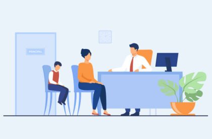 Children behavior problems concept. Mom and son visiting school principal office. Pupil feeling guilty while his mother talking to headmaster. Illustration for family troubles or education topics